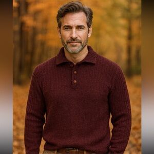 Vintage Sienna Men's 100% Wool Burgundy 2 Button Sweater Cable Knit Size M